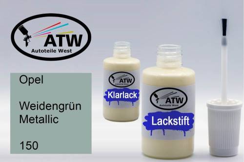 Opel, Weidengrün Metallic, 150: 20ml Lackstift + 20ml Klarlack - Set, von ATW Autoteile West.